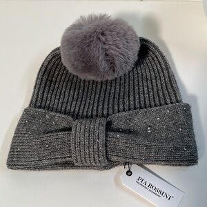 PIA ROSSINI NWT Silver Studded Faux Fur Grey Pompom Bow-like Banded Winter Hat